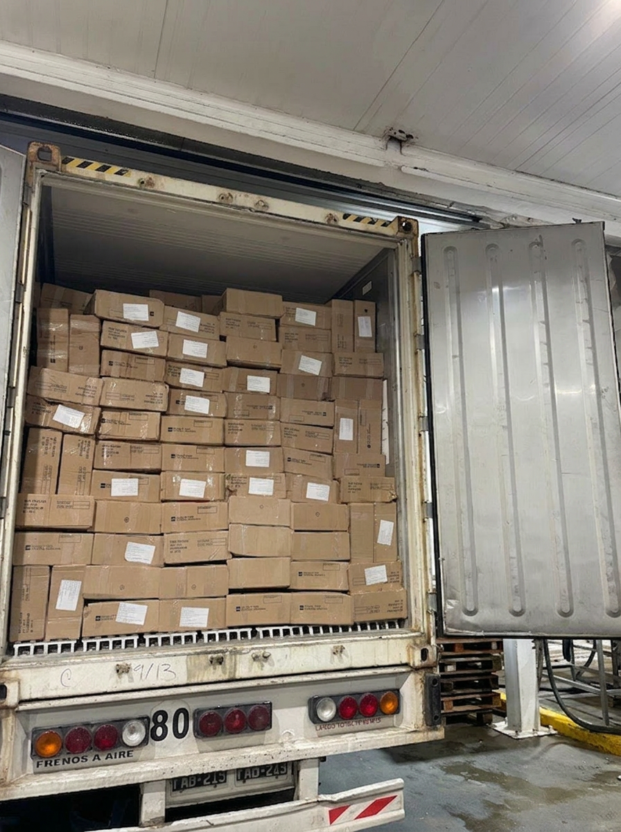 Camión refrigerado cargado con cajas de pescado de río listo para el contenedor de exportación