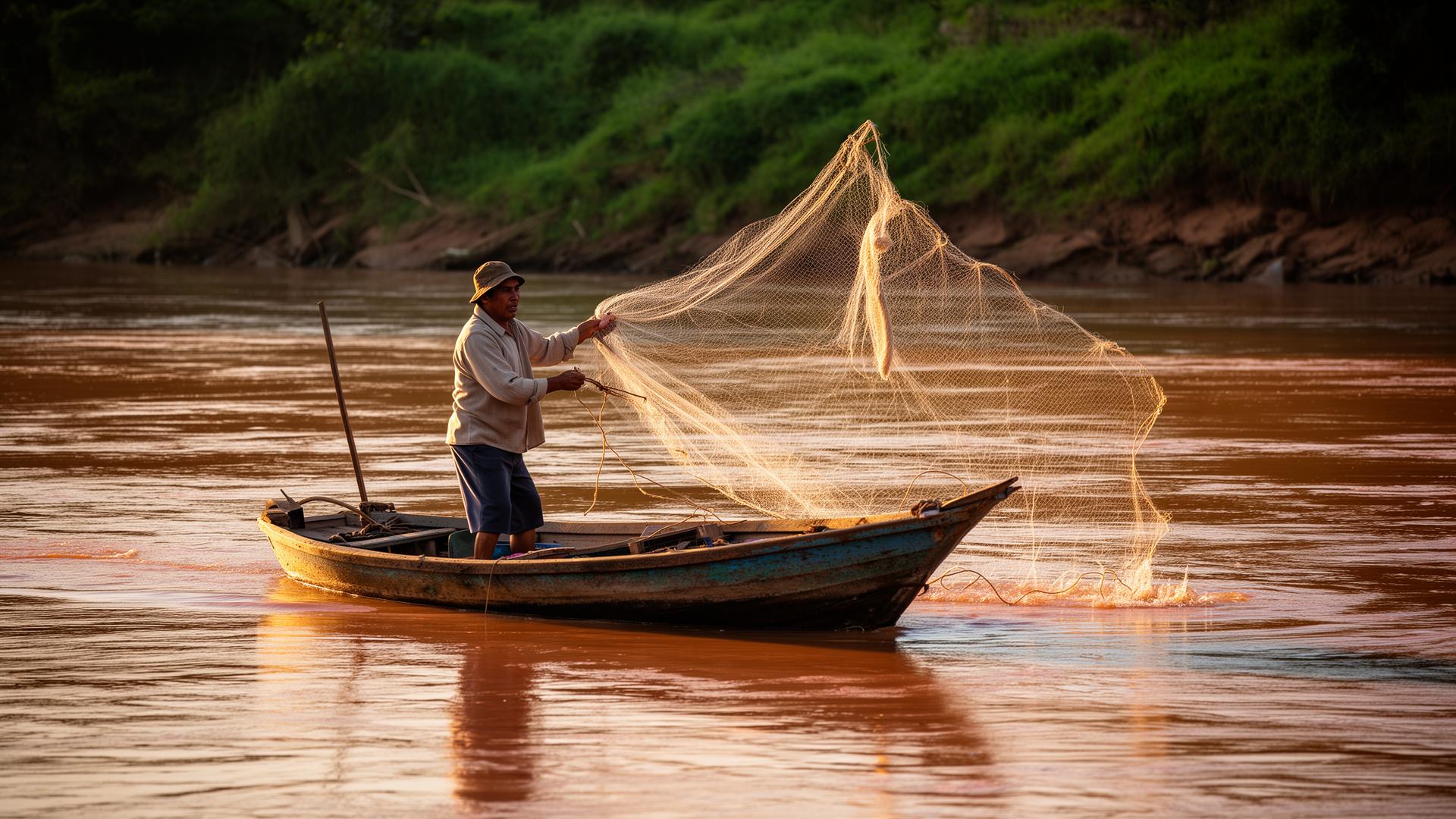 Pesca artesanal de captura en río de Argentina al amanecer
